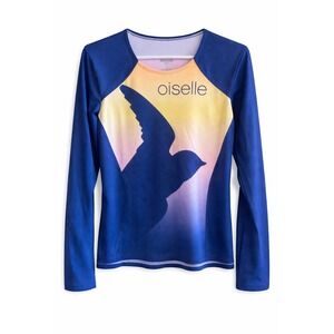 Oiselle Women Medium Long Sleeve Running Shirt Blue Bird Graphic Performance Top